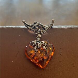 Silver Leaf Amber Heart Pendant Necklace - Orange Amber